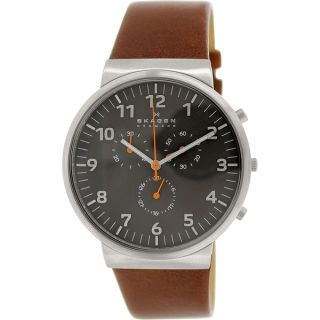 Skagen Mens Ancher SKW6099 Brown Leather Quartz Watch with Grey Dial