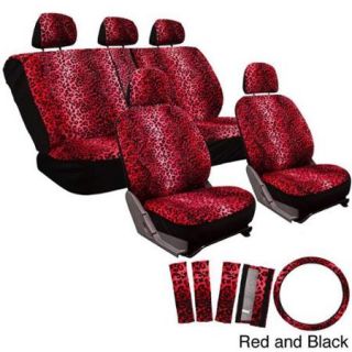 Oxgord Velour Leopard / Cheetah Seat Covers 17 Piece Set Spotted Safari for Low Back Bucket Seats Red and Black