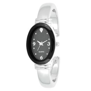 Ladies Dress Watch w/Black Oval Case, Crystal Accent Dial and ST