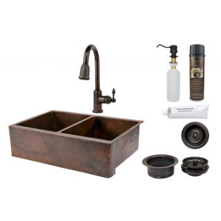33 inch Hammered Copper 50/50 Double Basin Sink and Faucet Package