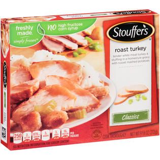 Stouffers Turkey tenderloins over stuffing in a homestyle gravy with