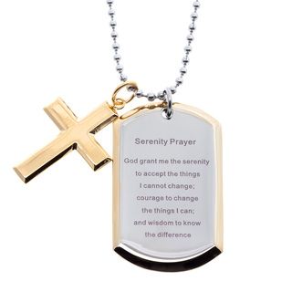 Stainless Steel and Black IP Dog Tag and Cross Lords Prayer Necklace