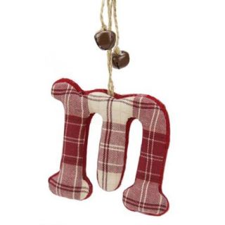 4.5" Red and Beige Plaid Initial "M" with Jingle Bells Christmas Ornament