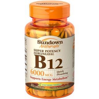 Sundown Naturals Super Potency Sublingual B12 Vitamin Supplement Tablets, 6000mcg, 30 count
