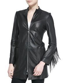 Dawn Levy Long Leather Coat W/ Fringe Trim