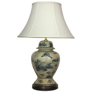 Handcrafted Porcelain Temple Jar Lamp with Fabric Shade (China