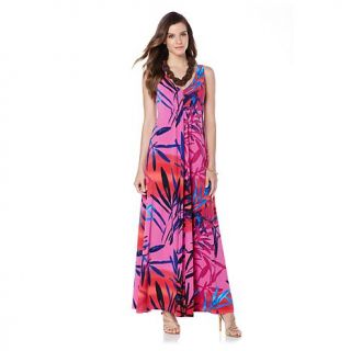 N Natori Tropical Leaves Printed Jersey Knit Maxi Dress   7693640
