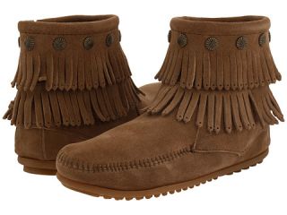 Minnetonka Double Fringe Side Zip Boot Taupe Suede