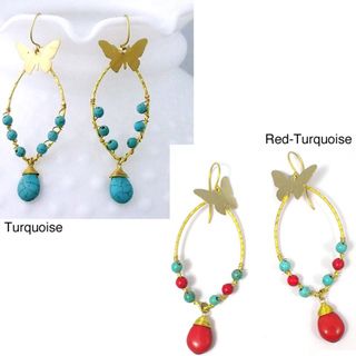 Brass Charming Butterfly Turquoise Drop Earrings (Thailand)