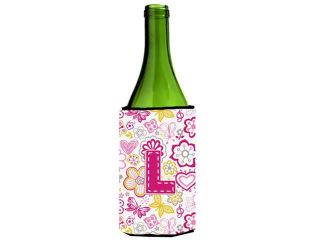 Letter L Flowers and Butterflies Pink Wine Bottle Beverage Insulator Hugger CJ2005 LLITERK