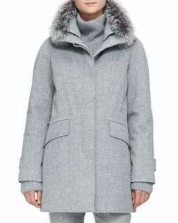 Loro Piana Cashmere Melange Storm Coat with Fox Fur Trim