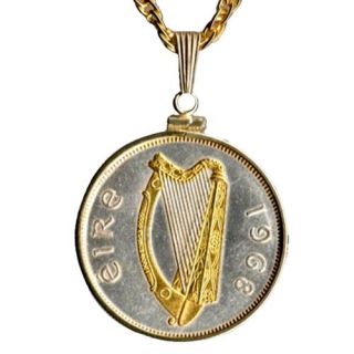 Gorgeous 2 tone Gold & Silver Irish half dollar size Harp Coin Necklace S 148W