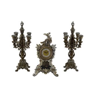 Antique Style Table Clock with Candle Holders 3 piece Set  