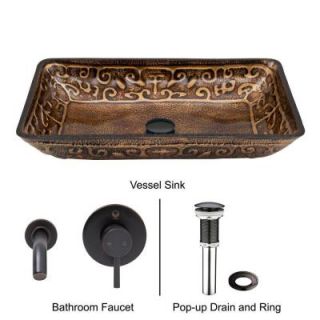 Vigo Rectangular Glass Vessel Sink in Golden Greek with Wall Mount Faucet Set in Antique Rubbed Bronze VGT288