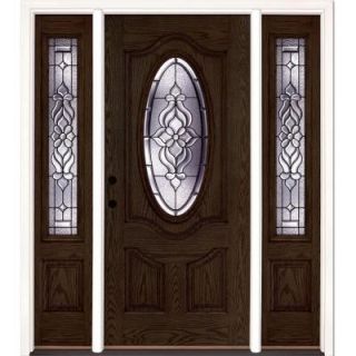 Feather River Doors 67.5 in. x 81.625 in. Lakewood Patina 3/4 Oval Lite Stained Walnut Oak Fiberglass Prehung Front Door with Sidelites 723991 3B3