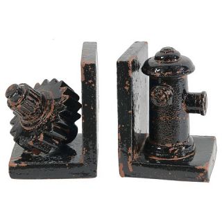 Ceramic Gear and Fire Hydrant Bookend Set   Black
