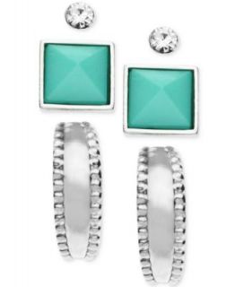 GUESS Silver Tone Turquoise Cabochon and Crystal Stud Earrings