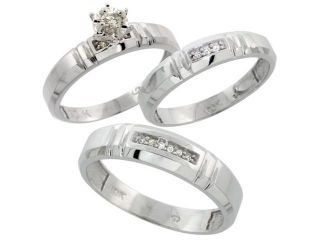 10k White Gold Diamond Trio Wedding Ring Set His 5.5mm & Hers 4mm, Men's Size 8 to 14