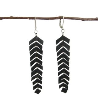 Handmade Black Leather Fringed Feather Earrings in Black (India