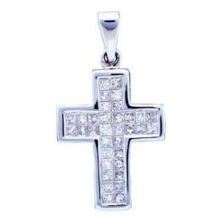 14K White Gold 0.50ctw Shiny Invisible Set Diamond Princess Cross Pendant