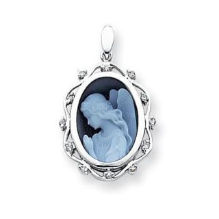 14k White Gold Diamond 12x16mm Guardian Angel Agate Cameo Pendant (0.9IN x 0.4IN )