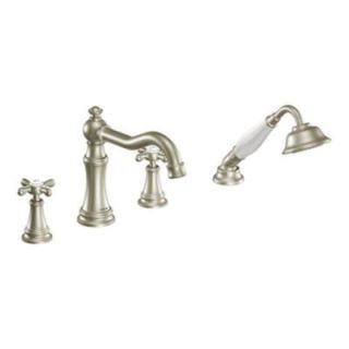 MOEN Weymouth 2 Handle Diverter Deck Mount Roman Tub Faucet with Hand Shower in Brushed Nickel (Valve Sold Separately) TS21102BN