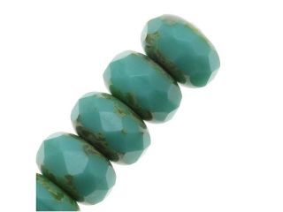 Czech Fire Polished Glass Faceted Rondelles 7x4mm   Green Turquoise Picasso (10)