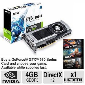 MSI GeForce GTX 980 4GD5 Video Card   4GB GDDR5, DirectX 12, HDMI, Fan   GTX 980 4GD5
