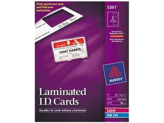 Avery 5361 Laminated Laser/Inkjet ID Cards, 2 x 3 1/4, White, 30/Box