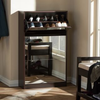 Albany Wood Shoe Storage Cabinet with Mirror In Brown   17136139
