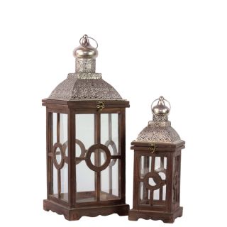 Antiqued Brown Wooden Lanterns (Set of 2)   15774204  