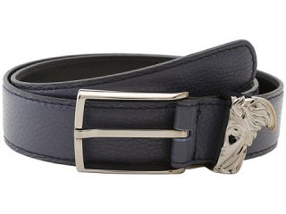 Versace Collection Calfskin Belt With Silver Medusa Blue