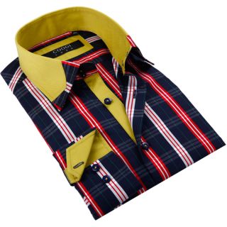 Coogi Luxe Mens Navy/ Red Plaid Button Down Fashion Shirt with Yellow