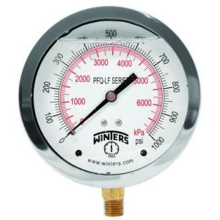 Winters Instruments 4 in. Lead Free Brass Stainless Steel Liquid Filled Pressure Gauge with 1/4 in. NPT LM and 0 1000 psi/kPa PFQ724LF