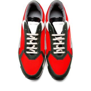 Raf Simons Red & White Etched Leather Low Top Sneakers