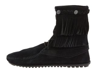 Minnetonka Double Fringe Front Lace Boot Black Suede