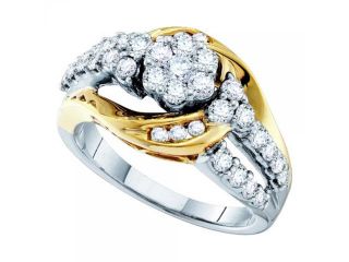 14k White Gold 1.01Ctw Round Diamond Ladies Fashion Bridal Flower Ring