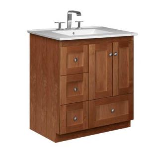 Simplicity by Strasser Shaker 31 in. W x 22 in. D x 35 in. H Vanity with Left Drawers in Medium Alder with Ceramic Vanity Top in White 01.957.2