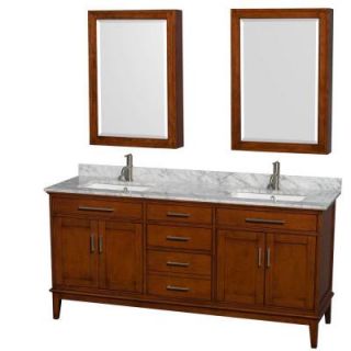 Wyndham Collection Hatton 72 in. Vanity in Light Chestnut with Marble Vanity Top in Carrara White, Square Sink and Medicine Cabinet WCV161672DCLCMUNSMED