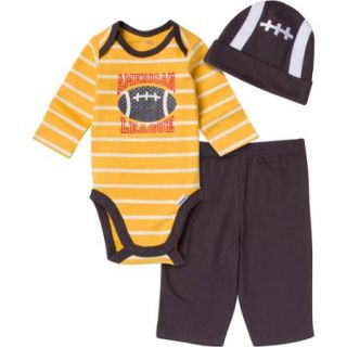 Gerber Baby Newborn Boy 3 Piece Football Bodysuit, Pant and Cap Set