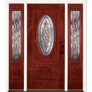 Feather River Doors 63.5 in. x 81.625 in. Silverdale Patina 3/4 Oval Lite Stained Cherry Mahogany Fiberglass Prehung Front Door w/ Sidelites 713590 3A3