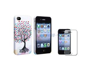 Insten Romantic Cute Colorful Love Tree Hearts Rubber Case + Diamond Screen Protector Compatible with Apple iPhone 4 / 4S