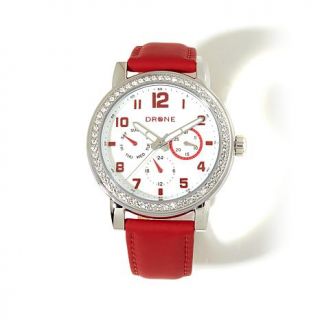DRONE Precision Timepieces Red Leather Strap Crystal Bezel Stainless Steel Watc   7889980
