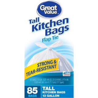 Great Value Flap Tie Closure Tall Kitchen Bags, 13 gal, 85 count