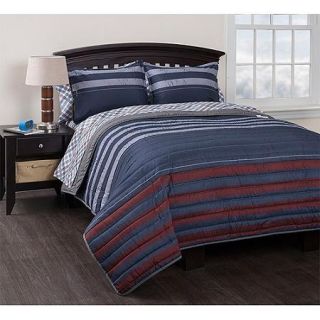 American Original Varsity Stripe Reversible Quilt Set with Sheets, Blue