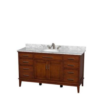 Wyndham Collection Hatton 60 in. Vanity in Light Chestnut with Marble Vanity Top in Carrara White and Oval Sink WCV161660SCLCMUNRMXX