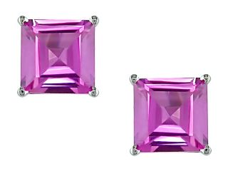 10k White Gold 2 1/2 Carat Princess Cut Created Pink Sapphire Solitaire Earrings