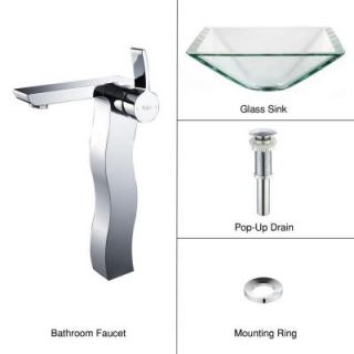 KRAUS Vessel Sink in Clear Glass Aquamarine with Sonus Faucet in Chrome C GVS 901  14600CH