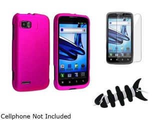 Insten Hot Pink Snap on Rubber Coated Case + Reusable Screen Protector + Black Headset Smart Wrap, Black Fishbone Compatible With Motorola MB865 Atrix 2