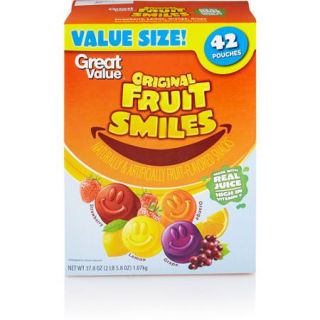 Great Value Lemon/Grape/Strawberry/Orange Fruit Smiles Pouches, 42ct